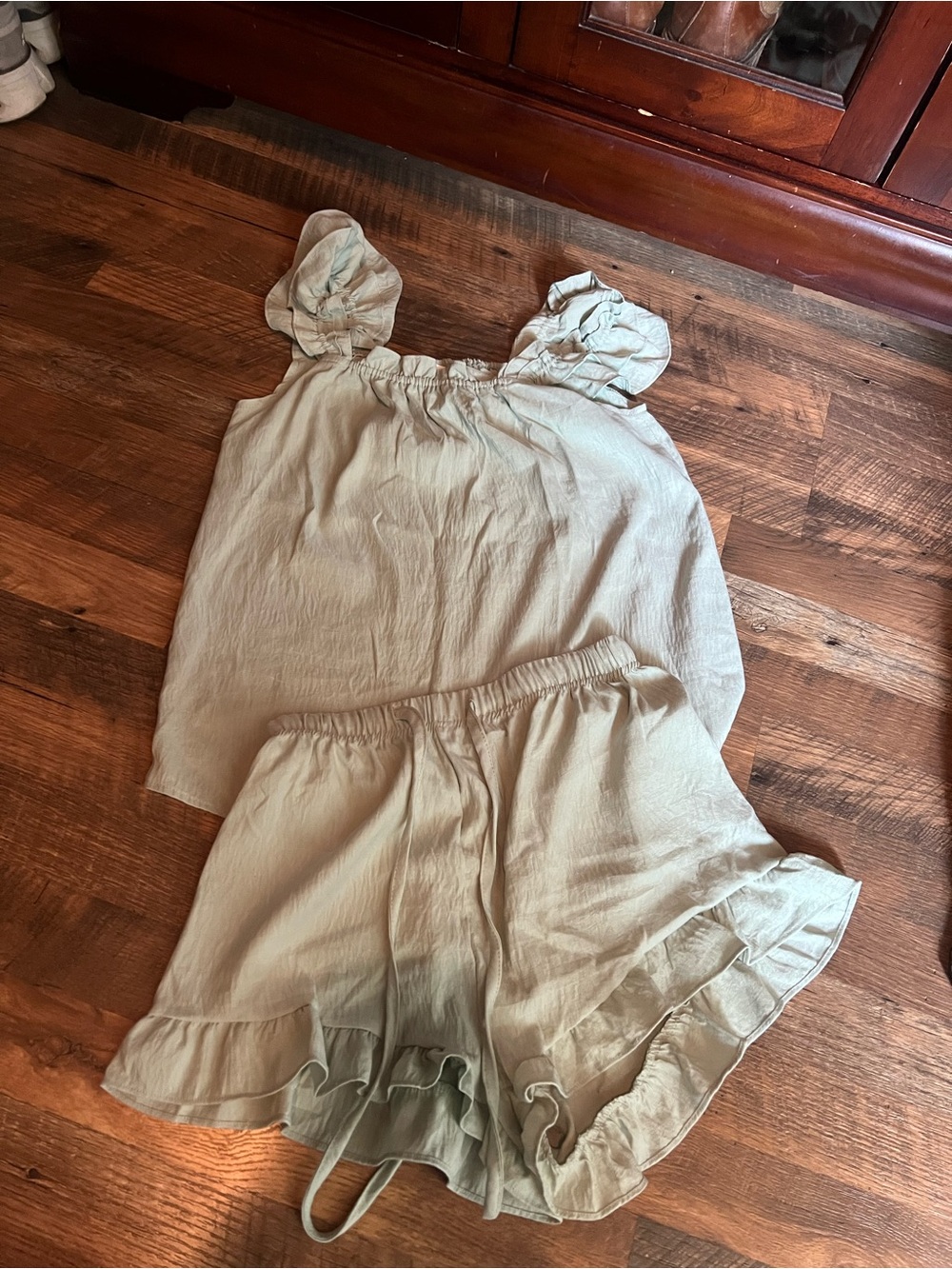 Girls Light Sage Flutter Sleeve Top & Ruffle Shorts Set
